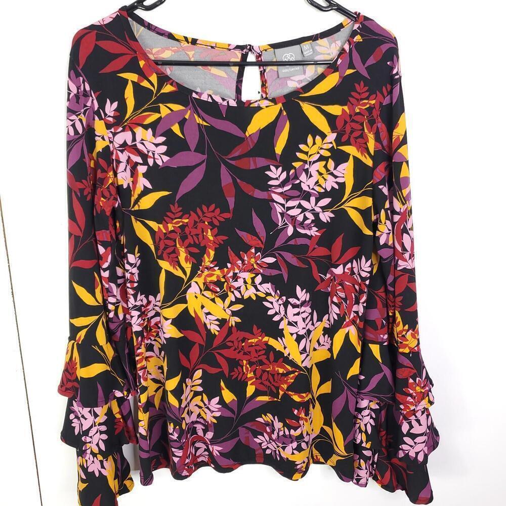 Daisy Fuentes Top Womens M Tiered Bell Sleeves Colorful Artsy Stretchy Liquid